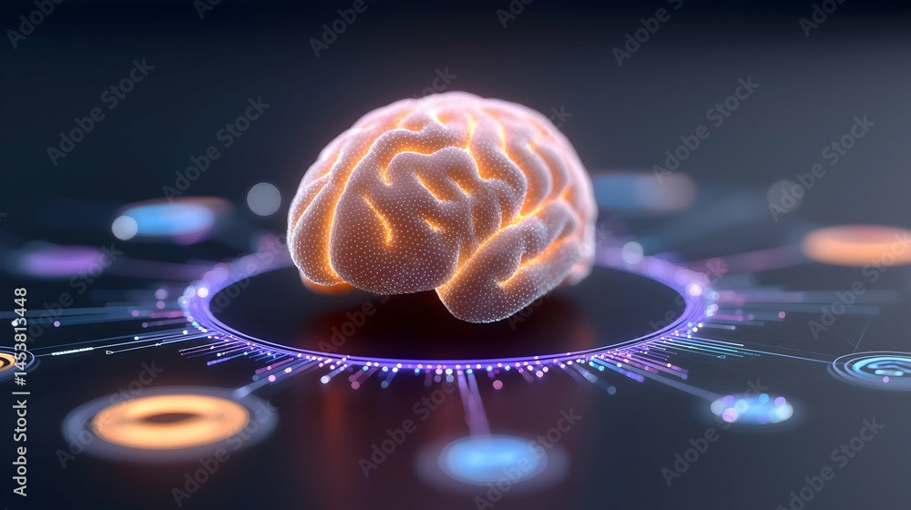 Poster a glowing digital brain surrounded by abstract data graphics, representing artificial intelligence a
