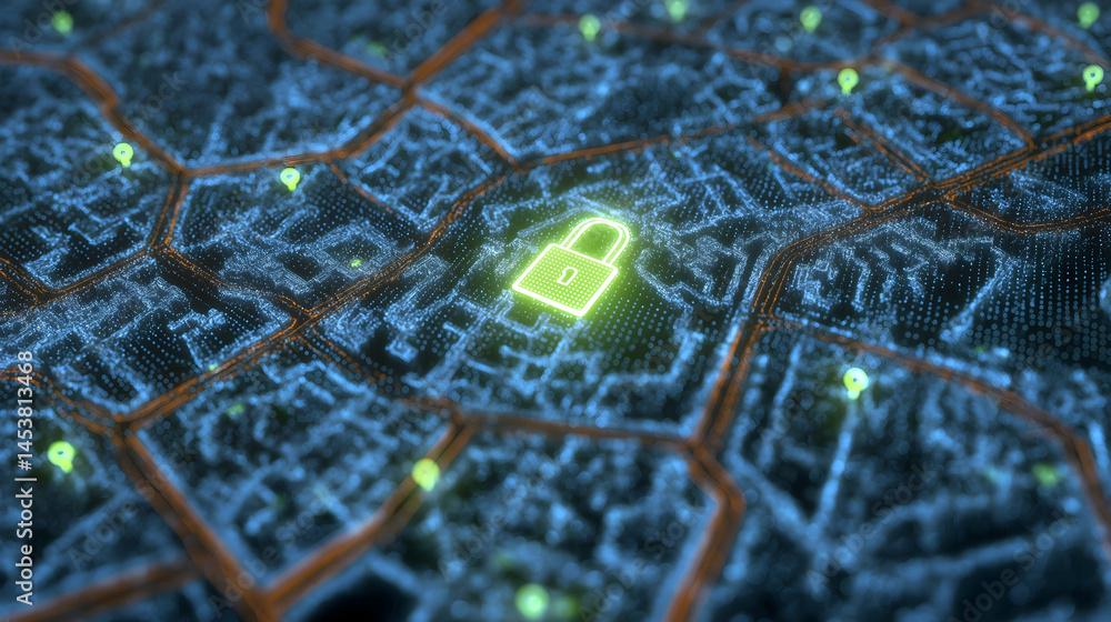 Aufkleber a digital map with a glowing lock symbol at the center, representing cybersecurity, data protection,