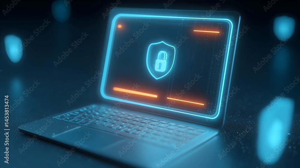 Aufkleber a glowing laptop displays a security shield with a lock, symbolizing cybersecurity and data protecti