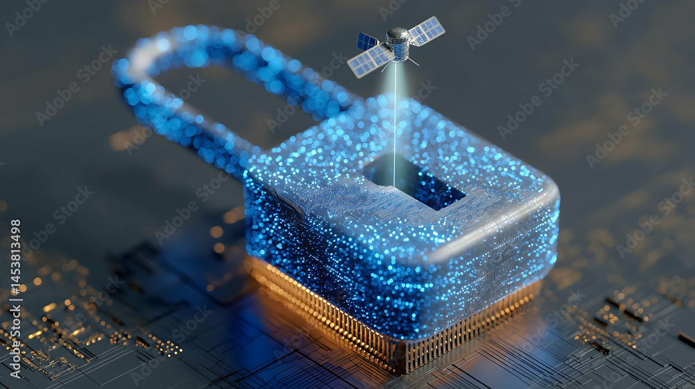 Aufkleber a glowing digital padlock with a satellite above it symbolizes cybersecurity and secure data transmi