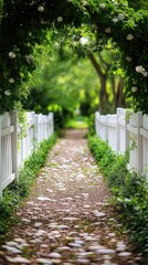 A verdant pathway lined by a white picket fence.