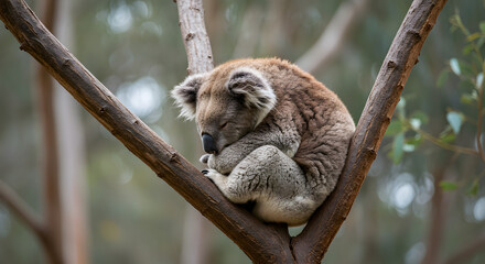 Photorealistic Fluffy Koala Sleeping Peacefully on Eucalyptus Branch Curled Up in a Relaxed Pose Featuring Gentle Swaying Eucalyptus Leaves in Slightly Blurred Background