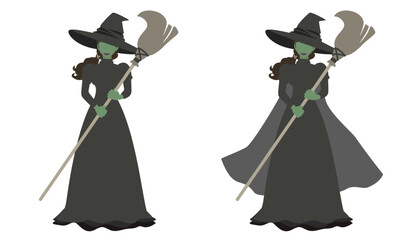 Vector art of The “Wicked Witch of the west” with her tricorn hat and magic broom.Reminiscent of the Wizard of Oz and other fairy tales.