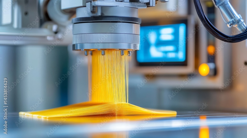 Poster extreme macro shot of a high-precision nanofiber weaving machine creating ultra-thin ultra-strong fa