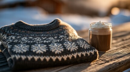 Traditional Icelandic wool sweater with snowflake patterns beside hot cocoa, evoking cozy winter warmth and cultural heritage.
