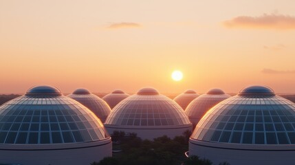 Obraz premium Sunset Over Glass Domes of a Modern Architectural Structure Surrounded by Lush Greenery and Vibrant Colors