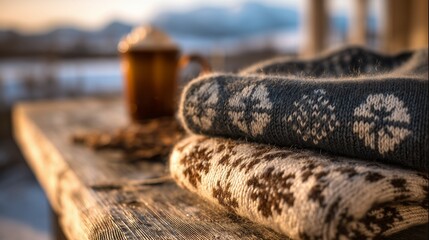 Traditional Icelandic wool sweater with snowflake patterns beside hot cocoa, evoking cozy winter warmth and cultural heritage.
