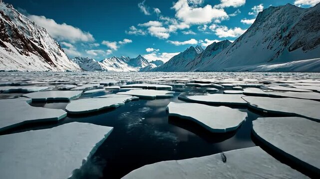Frozen Majesty: A breathtaking vista of a frozen landscape unfolds, with towering mountains and serene ice floes under a vast expanse of a bright sky.