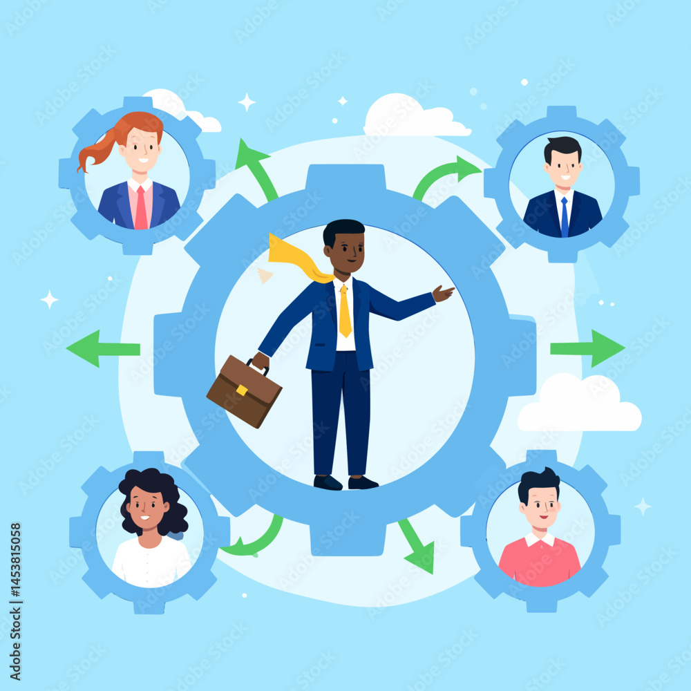 Poster business team connecting through gears a concept of teamwork and communication for success in a comp