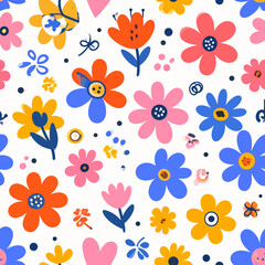 Obraz premium Cheerful floral pattern with colorful flowers and hearts for spring design projects and backgrounds