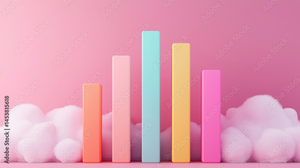 Poster colorful bar graph on soft pink background with fluffy clouds and a playful aesthetic for creative p