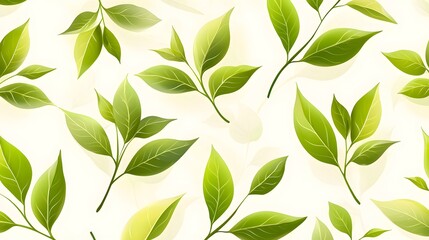 Seamless Pattern of Green Tea Leaves on White Background