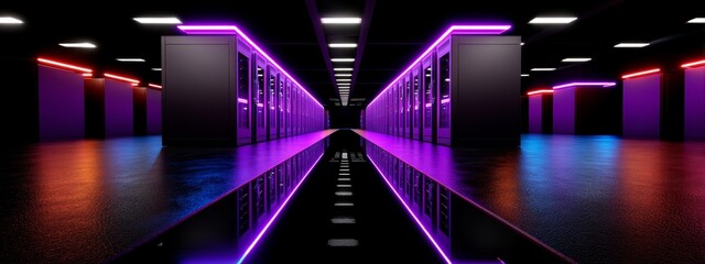 Futuristic data center with glowing purple and blue illuminated server cabinets, high-tech server room