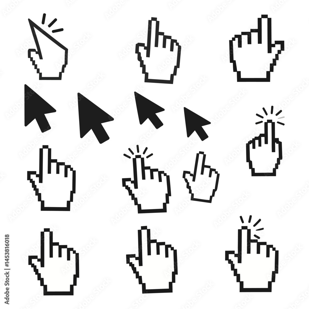 Fototapete Collection of pixelated hand cursor icons and arrow pointers for web design and digital interfaces symbolizing user interaction and navigation
