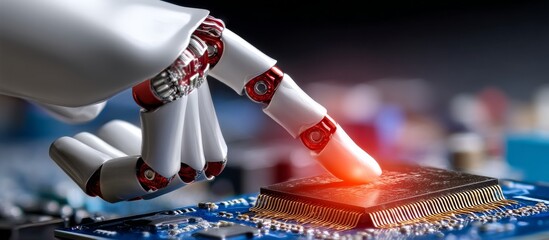 Close-up of white robot hand touching glowing circuit board with data stream and tech background