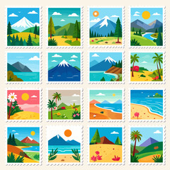 Naklejka premium Collection of vector landscape stamps featuring mountains, beaches, forests, and nature scenes for travel and tourism designs