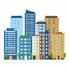 Colorful Cityscape Illustration with Modern Buildings against White Background for Urban Design and Architecture