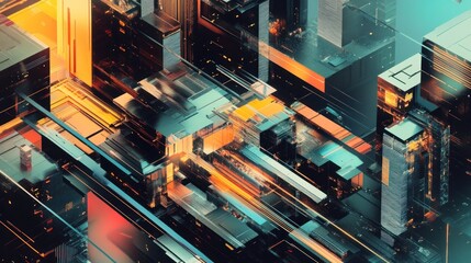 Abstract Metropolis: A Digital Cityscape of Intertwined Structures and Vibrant Hues