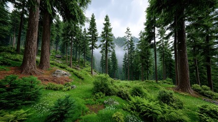 Fototapeta premium Lush Green Forest Landscape Misty Mountains and Towering Pine Trees