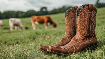 Rustic cowboy boots resting on a grassy field, with cows grazing in the background