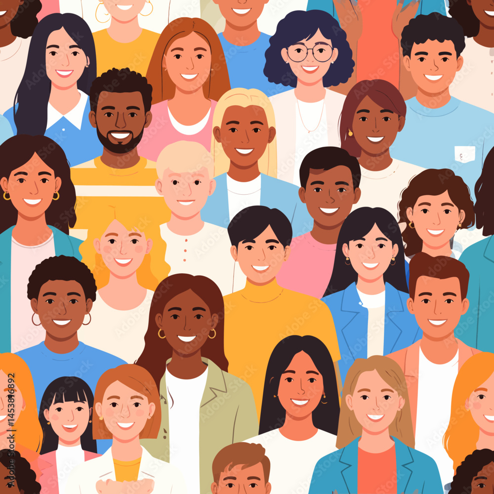 Poster diverse community of smiling people representing unity and multiculturalism in a bright and colorful