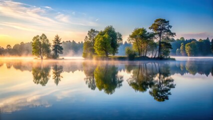 Obraz premium Early morning mist over lake surface with trees reflected in water , stillness, calm, stillness, calm, forest, tranquility