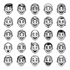 Diverse collection of cheerful cartoon faces showcasing unique hairstyles and expressions for creative design