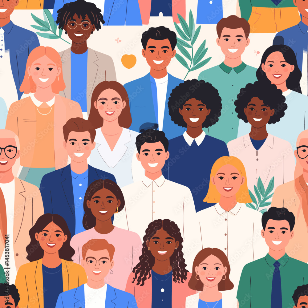 Poster diverse group of people smiling together in a seamless pattern representing community and teamwork p