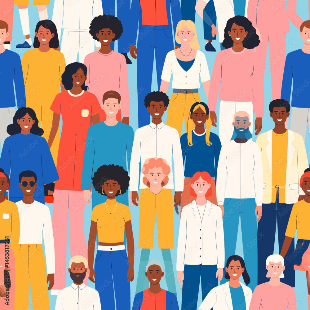 Poster diverse group of people standing together in a colorful seamless pattern illustration representing c