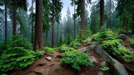 Obraz premium Serene Trail Winding Through a Lush Evergreen Forest on a Misty Day