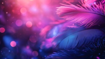 Vibrant feathers in pink and blue hues, bokeh background