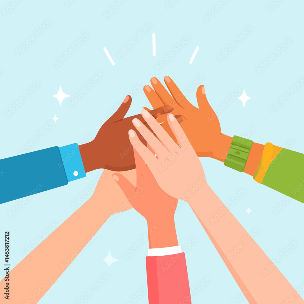 Poster diverse hands joining together in a high five representing teamwork collaboration and unity with bri