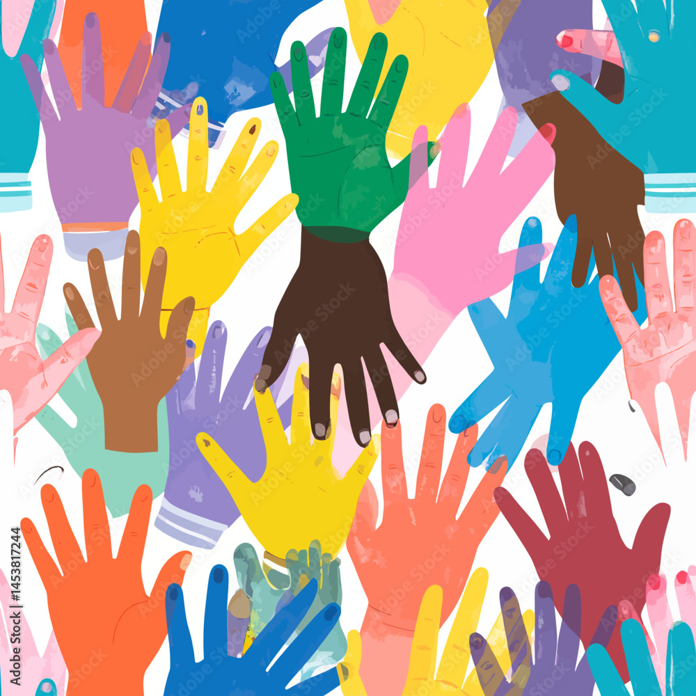 Poster diverse hands reaching up together symbolizing unity and collaboration with vibrant colors, creating