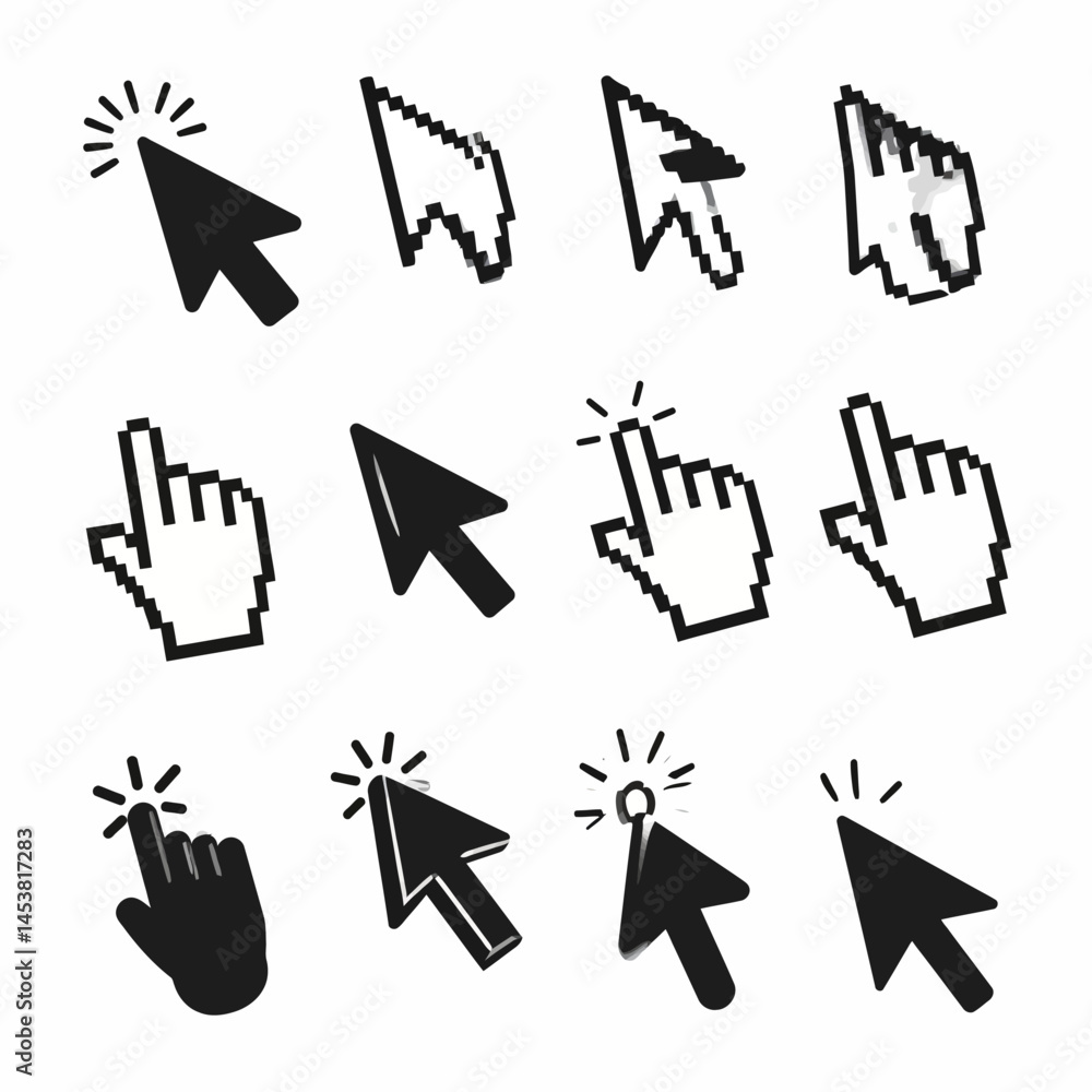 Fototapete Diverse set of computer cursor icons showcasing click and pointer designs for user interface elements and web design