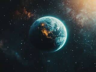 Obraz premium A blue planet with a bright orange and red sky. The planet is surrounded by a lot of stars