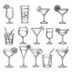Elegant hand-drawn cocktail assortment featuring classic and modern drinks for celebrations and party invitations