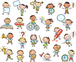 Kids education clipart set. Cute children with school things