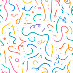 Festive Seamless Pattern of Colorful Confetti and Streamers on White Background for Party Celebrations and Decorative Designs