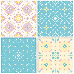 Four colorful floral patterns in pastel shades showcasing vintage textile designs for backgrounds and decorative digital papers