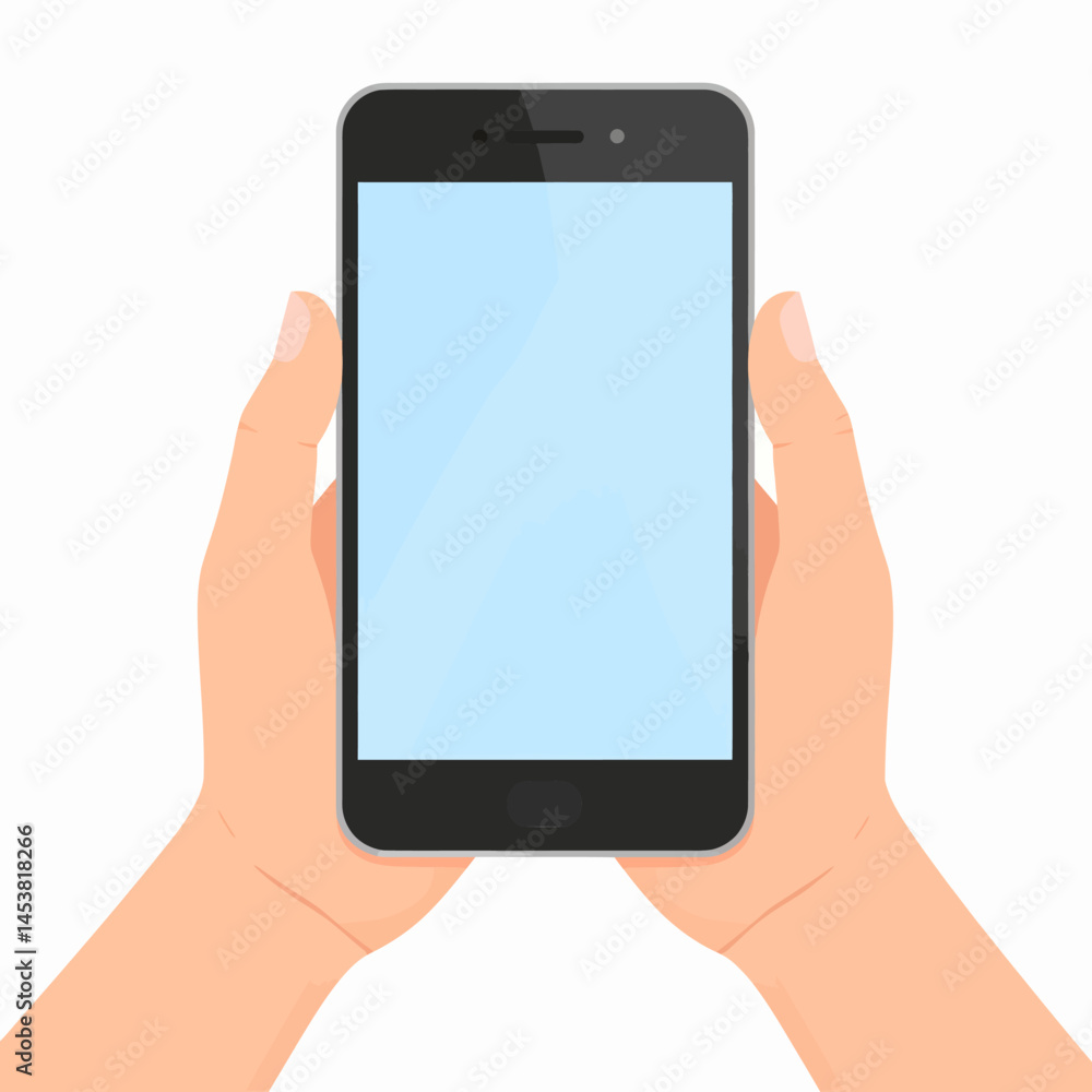 Aufkleber hands holding a generic smartphone with a blue screen for app design mockup or mobile interface pres