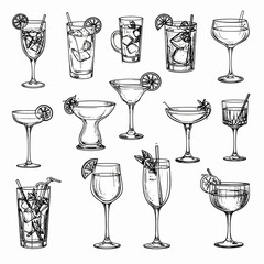 Hand-drawn cocktail set featuring various alcoholic beverages with citrus garnish and straws, perfect for bar menus