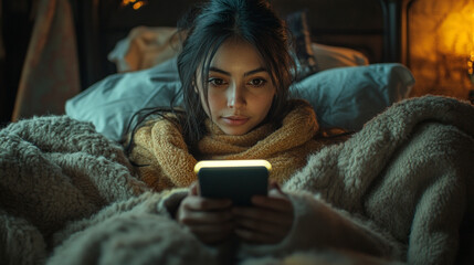 A Hispanic woman scrolling phone in bed late night, screen glow on face, cozy blanket