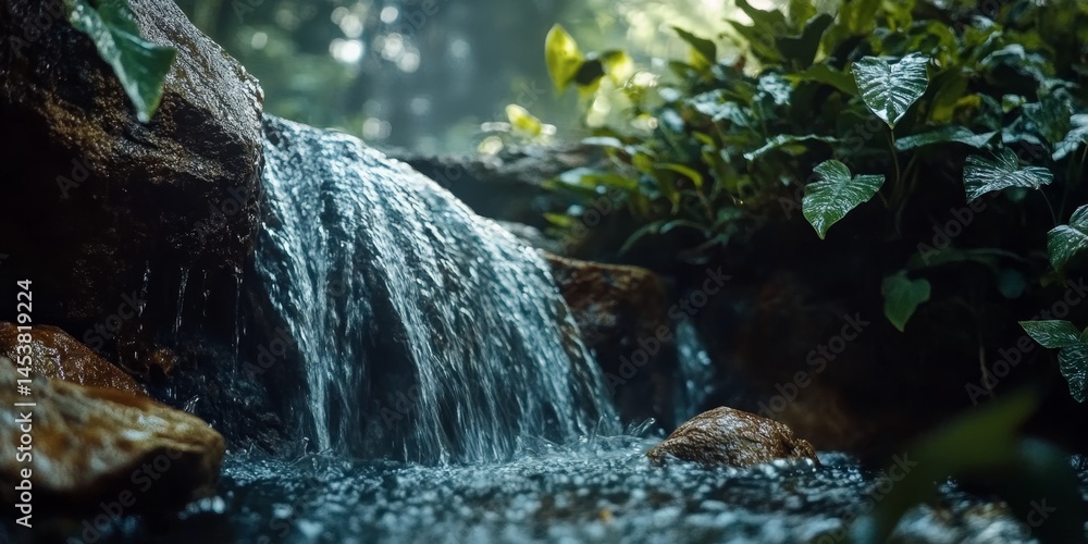 Poster the image portrays a serene waterfall cascading down a rock face, surrounded by lush greenery in a f
