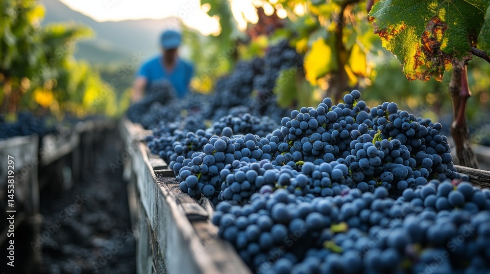 Poster Workers collect plump grapes in a lush vineyard, illuminated by the warm light of early evening. Rows of grapevines create a colorful backdrop for this fruitful harvest