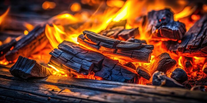 Flickering embers ignite the darkened wood surface, casting a warm orange glow on the charred remains , rustic