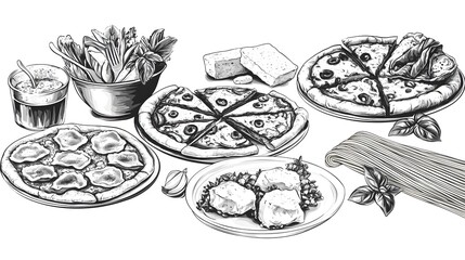 Hand-drawn illustration of various pizza and pasta dishes.