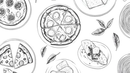 Hand-drawn illustration of various pizza and other dishes.