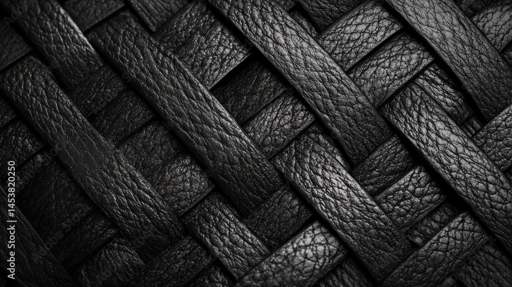 Poster close-up of intricate black leather weaving with a visible grain texture. emphasizes the artistry an