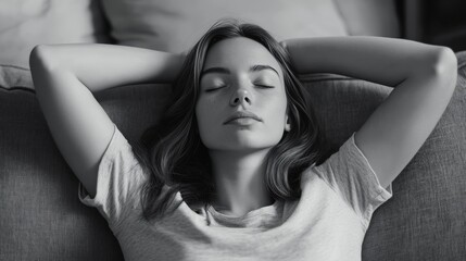 A woman with her eyes closed, resting her chin on her hand, conveying a sense of relaxation and calm.