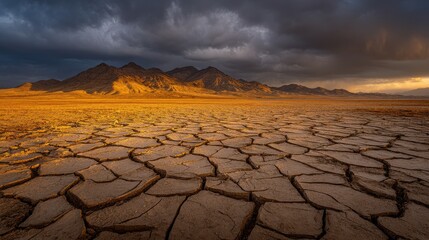 Cracked earth landscape under dark monsoon clouds and golden light evokes a sense of parched dryness and the impending change in the arid environment.
